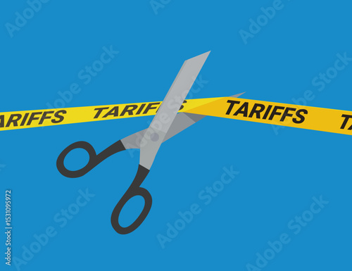 A pair of scissors cuts a yellow banner with the words "TARIFFS" written on it on a blue background in flat design style