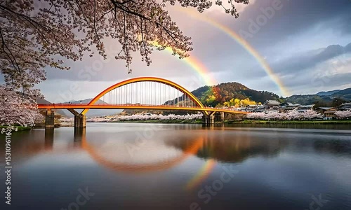 Serene Spring Landscape Rainbow Arcing Over Cherry Blossom Bridge and River