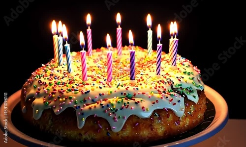 Lighted Candles on Delicious Birthday Cake with Sprinkles
