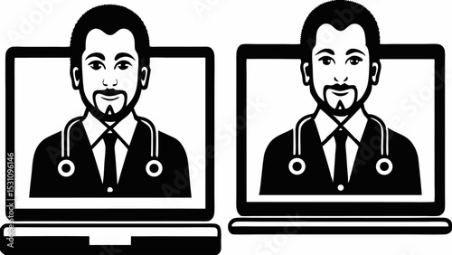 Two doctors on laptops providing telehealth services with stethoscopes in black and white style | eps vectors silhouette