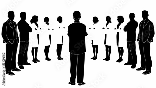 Silhouette of a group of professionals with a leader facing them and their backs to the viewer | eps vectors