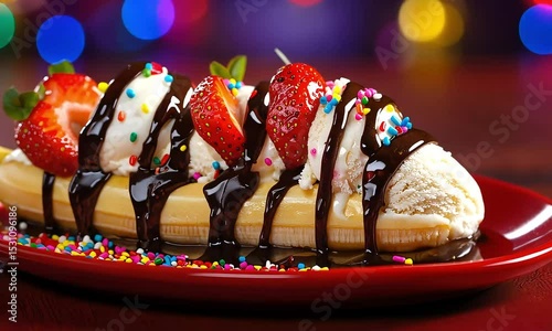 Delicious Banana Split A Classic Dessert with Strawberries, Ice Cream, and Chocolate Sauce