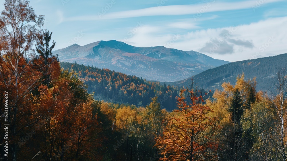 Obraz premium Autumn Mountain Distant View: Unveiling the Serene Tapestry of Seasonal Landscapes, Cultural Symbolism, and Natural Aesthetics in Scenic Overlooks and Panoramic Vistas