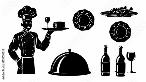 Chef holding tray with wine and food alongside plates bottles and covered dish silhouette illustration | eps vectors