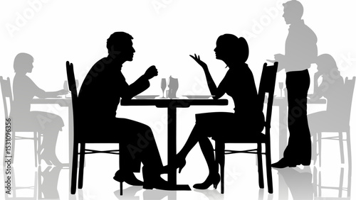 Silhouettes of people dining at tables in a restaurant with a waiter standing nearby and other diners visible | eps vectors