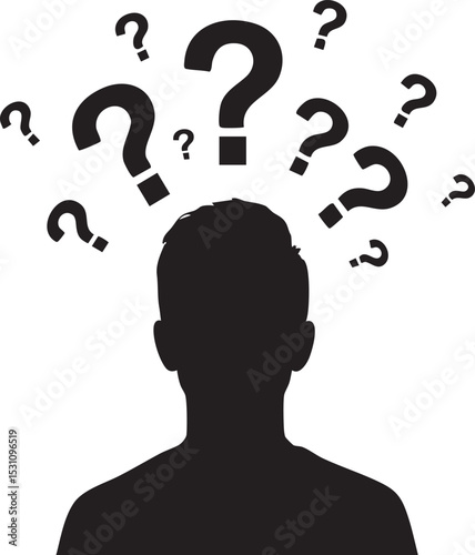 Vector art of a silhouette of a person overwhelmed by a swarm of question marks, isolated on white background