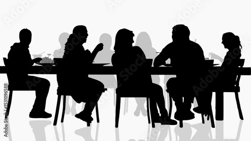 Silhouette of people sitting at a table eating and talking together in a restaurant or dining room scene | eps vectors