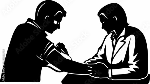 A doctor examining a patient's arm with an ultrasound machine in a medical examination setting depicted | eps vectors silhouette