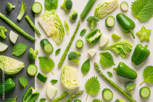 Various green vegetables are artistically arranged on black and white surfaces, highlighting their freshness and vivid textures