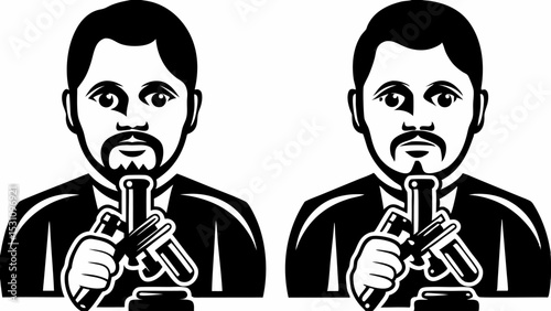 Two scientists with beards and suits holding test tubes in a black and white illustration style | eps vectors silhouette