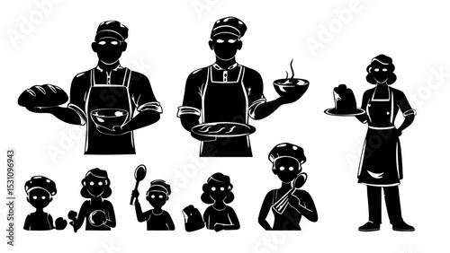 Silhouette illustration of bakers and cooks holding food items in a kitchen setting design element | eps vectors