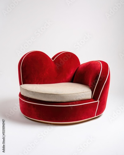 Romantic, heart-shaped loveseat in vibrant red velvet.  Features a cream-colored center seat, and elegant curves