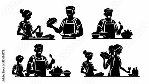 Silhouette illustrations showing people cooking and preparing food in various kitchen scenes and settings | eps vectors