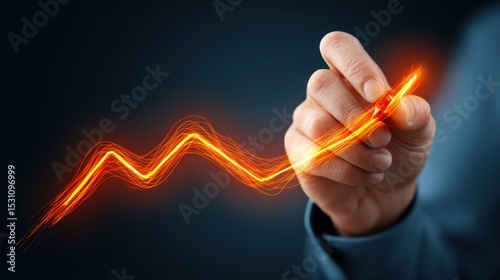Closeup of hand drawing line chart in the air with glowing trails, symbolizing data analysis