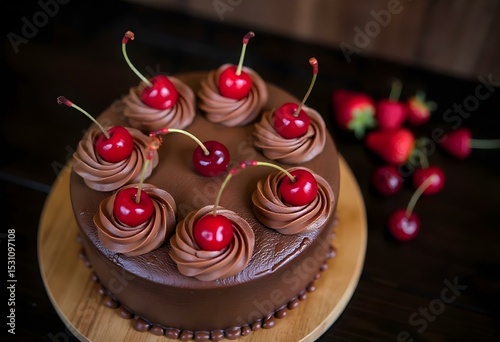 Chocolate cake with chocolate frosting and cherries and strawberries on top of a wooden plate on a wooden background