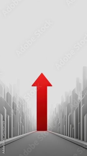Minimal monochrome scene with one rising red arrow, high impact business concept