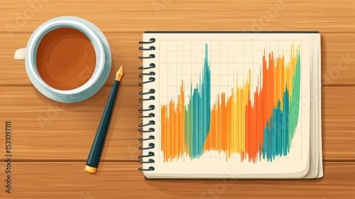 Hand-drawn stock chart on notebook with coffee cup and pen, creative finance workspace