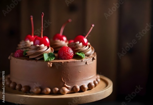 Chocolate cake with chocolate frosting and cherries and strawberries on top of a wooden plate on a wooden background