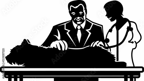 Veterinarians examining a dog on a table with medical equipment in a black and white vector illustration | eps vectors silhouette