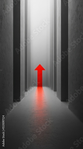 Minimal monochrome scene with one rising red arrow, high impact business concept