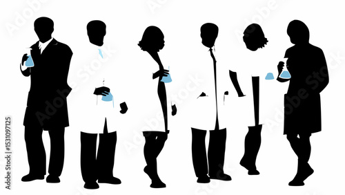 Silhouette of group of scientists in lab coats holding beakers in a laboratory setting and white background | eps vectors