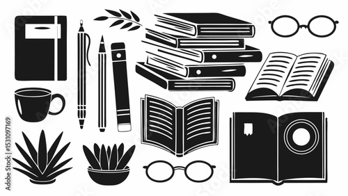 Black and white study setup with books, plants, glasses, and writing utensils in a simple illustration | eps vectors silhouette