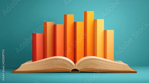 3D bar graphs rising from open book, finance and knowledge fusion