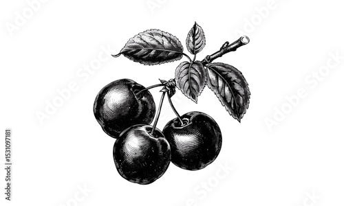 Botanical plum tree illustration, vector illustration, orchard plants, spring blossoms, fruit tree flowers, garden elements, natural flora, artistic plant sketch.