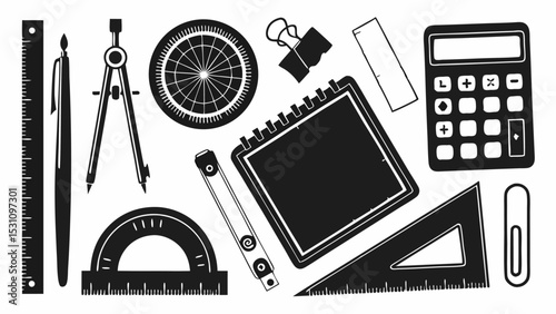 Illustration of various school and office supplies including ruler compass calculator and notebook in black | eps vectors silhouette