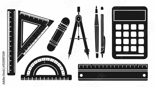 Illustration of various drafting and calculation tools including rulers compasses calculator and pencils | eps vectors silhouette