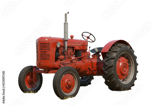 Isolated Vintage Red Tractor with Large Tires