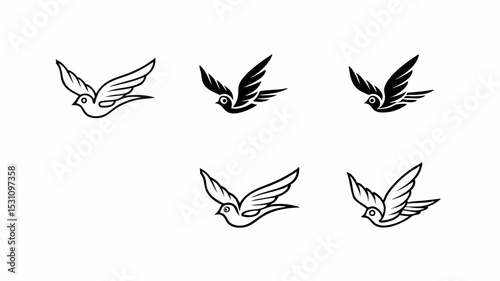 Collection of stylized bird illustrations in flight with varying line weights and fill patterns, black ink | eps vectors silhouette