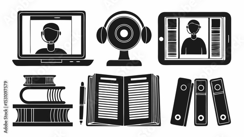 Illustration showing online learning with laptop tablet webcam books pen and binders in black and white | eps vectors silhouette