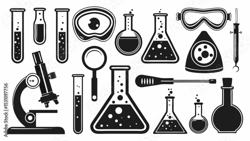 Illustration of various science lab equipment including beakers microscope and safety goggles drawn in black | eps vectors silhouette