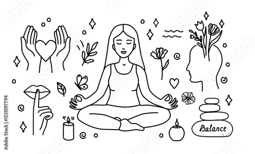 Hand-drawn vector doodle set on wellness and mental health. Includes meditation, balance, flowers, mindfulness, self-care elements. Perfect for social media, posters, blogs, packaging, apps, and print
