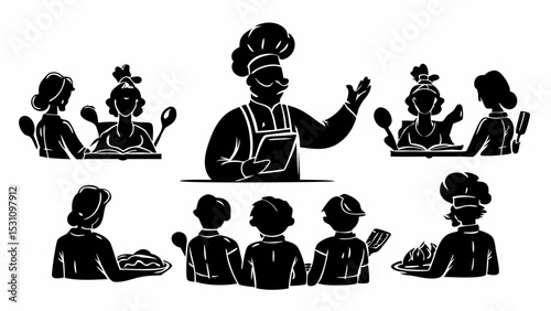 Black and white illustration of a chef teaching a cooking class to a group of students attentively | eps vectors silhouette