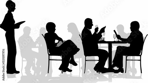 Silhouette illustration of people dining at a restaurant being served by a waitress in black and white | eps vectors