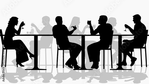 Silhouette of people at tables drinking wine and dining in a restaurant with shadows on the floor | eps vectors