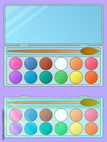 Cartoon colorful watercolor paint set with brushes, school art supplies for kids on purple background. For back to school stationery concept, education visual, educational theme, or classroom decor.