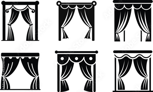 Vector set of fashion curtain and window design elements with woman hat drawing illustration