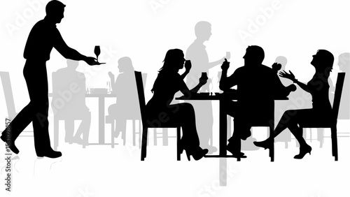 Silhouette of waiter serving wine to patrons at tables in a restaurant or dining establishment scene view | eps vectors
