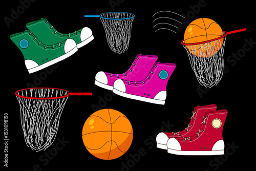 Cartoon illustration of an basketball set of balls, hoops, and sneakers on black background. For back to school theme, sports and physical education visual, educational concept, and classroom decor.