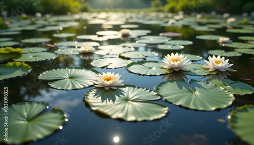 pond, kissed by the morning sun, cradles a galaxy of floating flora. Flat, verdant pads, some ruffled along the edges, provide a stage for the ethereal blooms