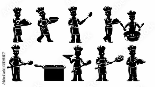 Collection of chef silhouettes in various poses holding cooking utensils and food preparation equipment | eps vectors