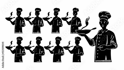 Group of chefs in black and white holding pans with food in a kitchen environment illustration | eps vectors silhouette