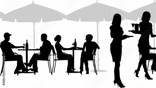 Silhouette of people dining at an outdoor cafe with waitresses serving drinks under large umbrellas outside | eps vectors