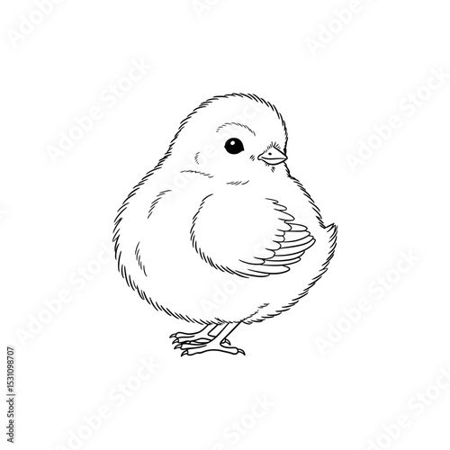 Lined Icon of Fluffed Chick Standing with Head Tilt