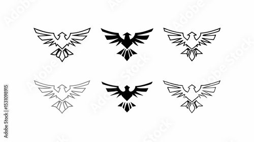 Six stylized phoenix bird emblems in black and gray with wings spread on a white background design layout | eps vectors silhouette