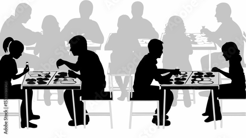 Silhouette of people sitting at tables with plates, some holding items, with blurred figures behind them | eps vectors