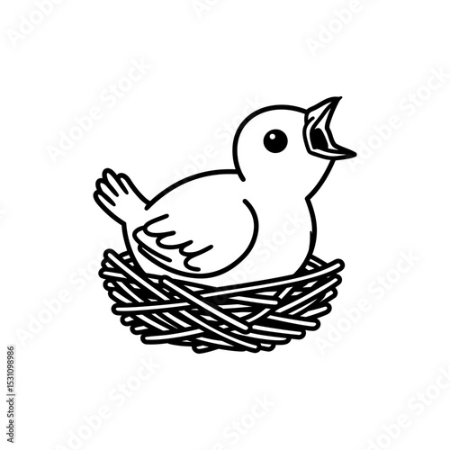 Lined Icon of Nestling Facing Left with Mouth Wide Open